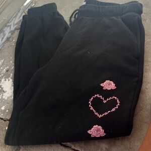 Celebrity Pink Black Joggers with Pink Heart and Rose Design